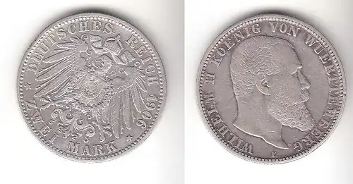 2 Mark Silbermünze Württemberg König Wilhelm II 1906 Jäger 174  (112076)