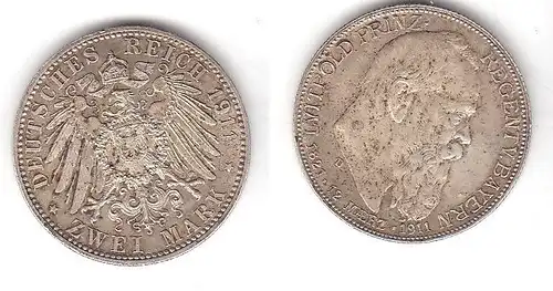 2 Mark Silbermünze Bayern Prinzregent Luitpold 1911 Jäger 48  (111473)