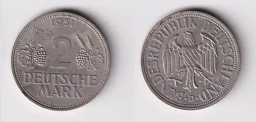 2 Mark Nickel Münze BRD Trauben und Ähren 1951 D (159086)