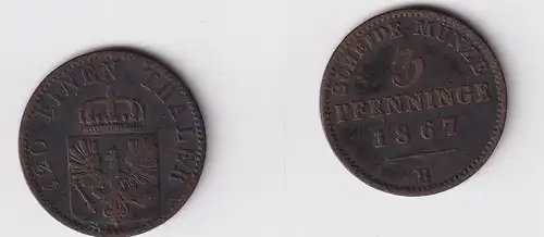 3 Pfennig Kupfer Münze Preussen 1867 B ss (159596)