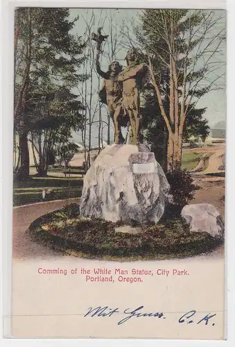 904016 Ak Portland Oregon City Park Comming of the White Man Statue 1908