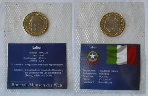 Bi-Metall Münze der Welt 1000 Lire Italien 1997 im Blister (163417)
