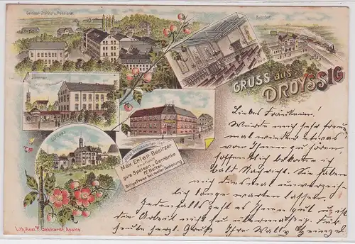 40729 Ak Lithographie Gruß aus Droyssig Bahnhof, Seminar, Hotel 1896