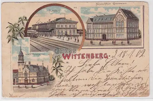 903770 Ak Lithographie Gruß aus Wittenberg Bahnhof, Gymnasium, Post 1902