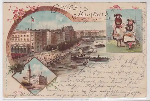 904319 AK Gruss aus Hamburg - Rathaus, Jungfernstieg, Tracht 1901