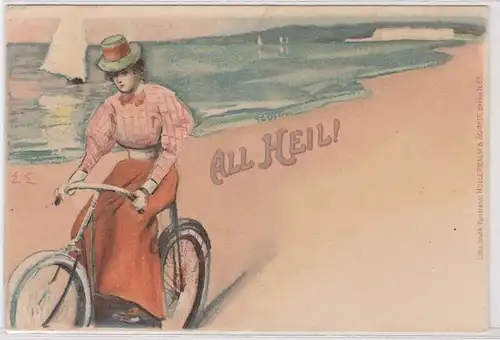 902258 Ak Lithographie Radfahrerin fährt am See "All Heil!" um 1900