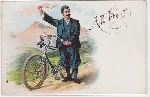 902266 Ak Lithographie Radfahrergrüßt mit Tuch "All Heil!" um 1900