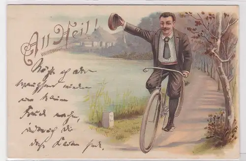 903958 Ak Lithographie Radfahrergrüßt mit Hut "All Heil!" um 1900