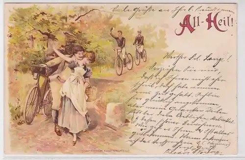 904058 Ak Lithographie mit Radfahrern "All Heil!" 1898