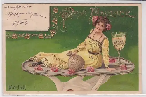 902276 Prosit Neujahr Humor Präge Ak Dame, Geld & Sekt auf Tablett 1903