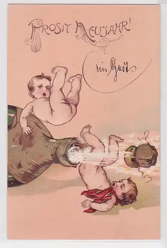 904176 Prosit Neujahr Humor Präge Ak 2 Babys fallen von Sektflasche 1904