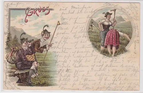 900606 Humor Ak Lithographie Gruß aus den Bergen "Wandererfreuden" 1895