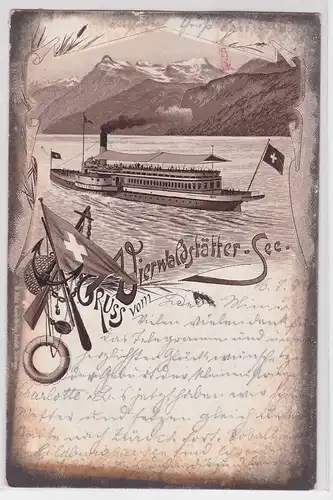 38615 Ak Lithographie Gruß vom Vierwaldstätter See mit Dampfer 1894