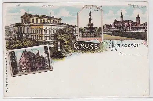 18186 Ak Lithographie Gruß aus Hannover Rathaus, Theater usw. um 1900