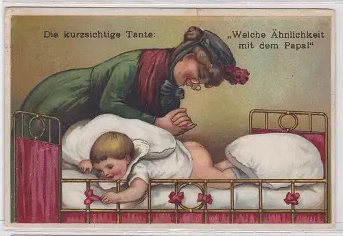 19200 Humor Ak Die kurzsichtige Tante: "Welche Ähnlichkeit mit dem Papa!" 1921