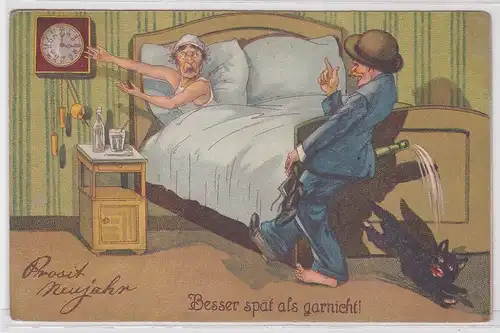 12339 Prosit Neujahr Humor Ak "Besser spät als gar nicht!" um 1920