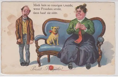 37999 Prosit Neujahr Humor Ak "Mach kein trauriges Gesicht, wenn Frauchen ...