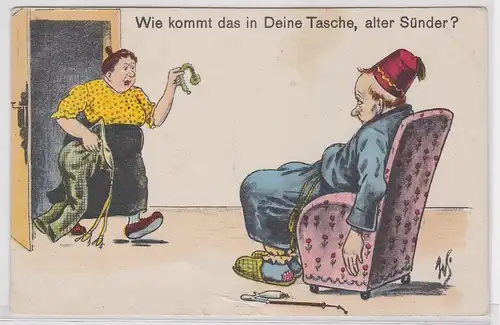 14593 Humor Ak "Wie kommt das in Deine Tasche, alter Sünder?" um 1920