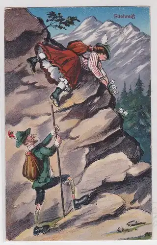 05854 Humor Ak Wanderer in den Bergen pflücken Edelweiß um 1920