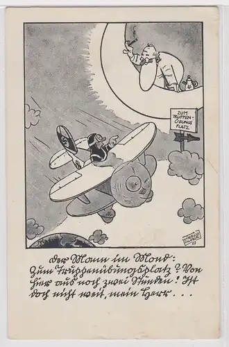 38501 Humor Ak Flieger fragt Mann im Mond nach Truppenübungsplatz um 1935