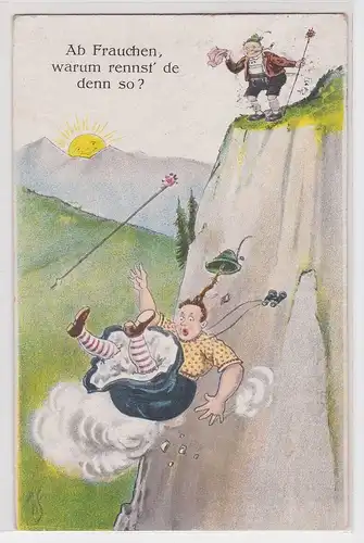 85084 Humor Ak In den Bergen "Ach Frauchen, warum rennst´ de denn so?" 1926
