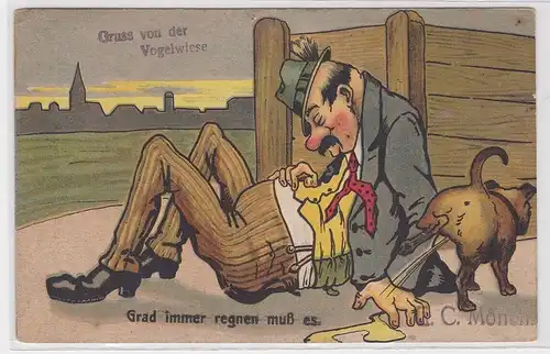 83136 Humor Ak Gruß von der Vogelwiese "Grad immer regnen muß es" um 1910