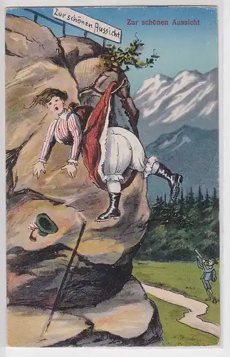 96974 Humor Ak Wanderin in den Bergen "Zur schönen Aussicht!" um 1910