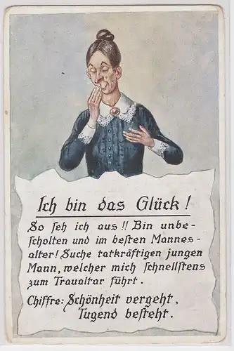 95489 Humor Ak Bekanntschaftsanzeige "Ich bin das Glück!" um 1910