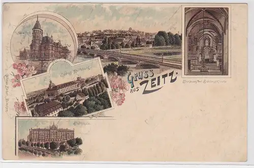 88310 Ak Lithographie Gruß aus Zeitz Stadtschule, neue Post usw. 1905