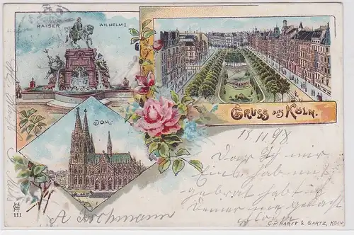 80340 Ak Lithographie Gruß aus Köln Kaiser Wilhelm I Denkmal usw. 1899
