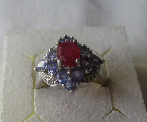 hochwertiger 925er Sterling Silber Ring mit blauem & magenta Edelstein (109918)