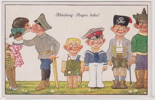 51073 Militär Humor Ak Abteilung: Augen Links! um 1915