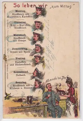 65892 Militär Humor Ak So leben wir "zum Mittag" 1907