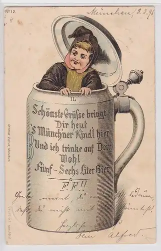 57278 Bier Humor Ak s`Münchner Kind´l schaut aus Bierkrug raus 1896