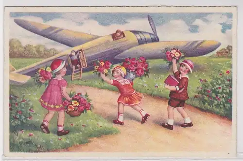 63455 Ak 3 Mädchen mit Blumen laufen zu Flugzeug 1941