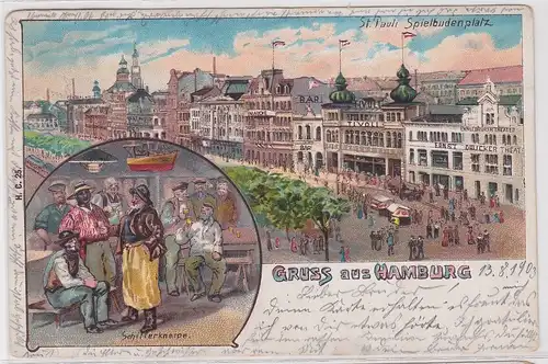 59934 Lithographie Ak Gruss aus Hamburg St.Pauli Spielbudenplatz 1903