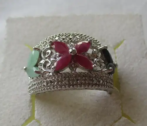 hochwertiger 925er Sterling Silber Ring mit pinken & grünen Edelsteinen (125053)