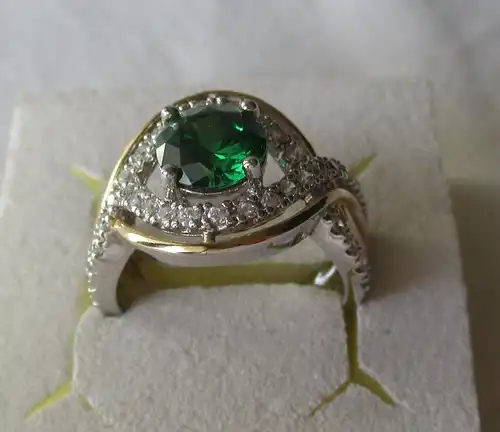 hochwertiger 925er Sterling Silber Ring m. grünem & farblosem Edelstein (129659)