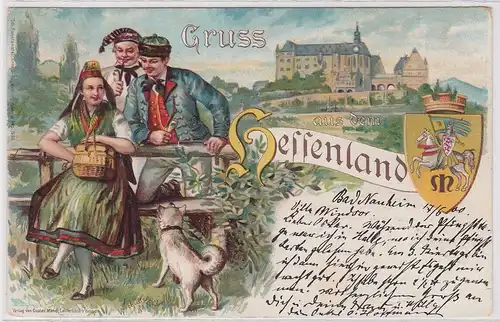902367 Lithografie AK Gruss aus dem Hessenland - 3 Personen in Volkstracht 1900