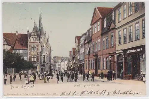 52270 AK Peine - Markt, Breitestrasse, Straßenansicht mit Geschäften 1910
