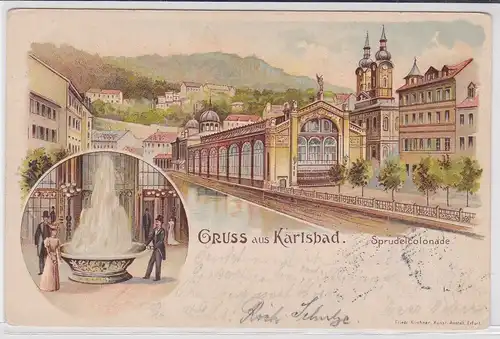 43004 frühe Lithografie AK Gruss aus Karlsbad - Sprudelcolonade 1890