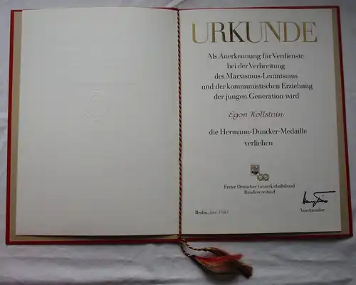 DDR Urkunde Hermann-Duncker-Medaille FDGB Gewerkschaftsbund 1980 (159910)