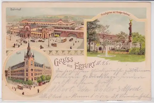 40025 Lithografie AK Gruss aus Erfurt - Bahnhof, Post, Hirschgarten 1906