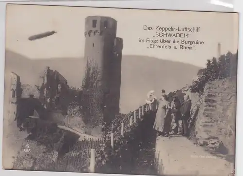 47526 Foto Zeppelin-Luftschiff "Schwaben" im Fluge über die Burgruine Ehrenfels