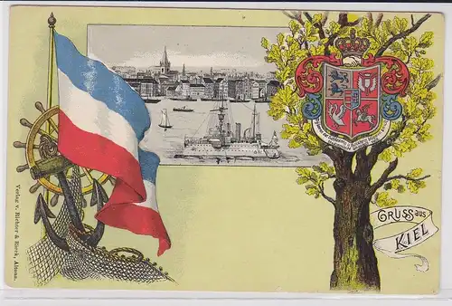 904069 Wappen Passepartout AK Gruss aus Kiel - Kriegsschiff vor Stadtpanorama