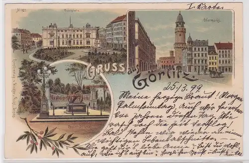 33527 AK Gruss aus Görlitz - Postplatz, Odermarkt, Kanonendenkmal 1899