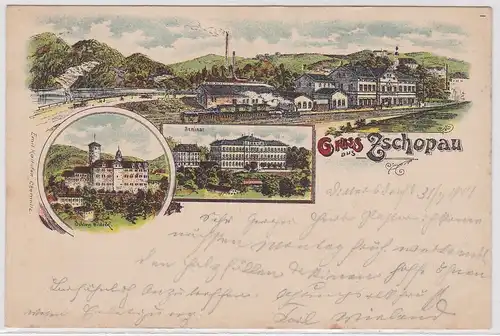 52927 Lithografie AK Gruss aus Zschopau  Seminar, Schloss Wildeck, Panorama 1901