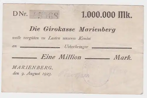 1 Million Mark Banknote Girokasse Marienberg 9.August 1923 (119365)