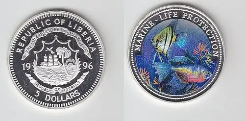 5 Dollar Farb Silber Münze Liberia 1996 Marine Life Protection  (116539)