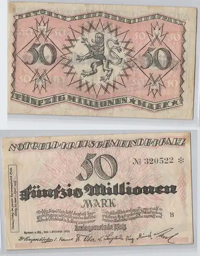 50 Millionen Mark Banknote Notgeld Kreisgemeinde Pfalz Speyer 1.10.1923 (129789)